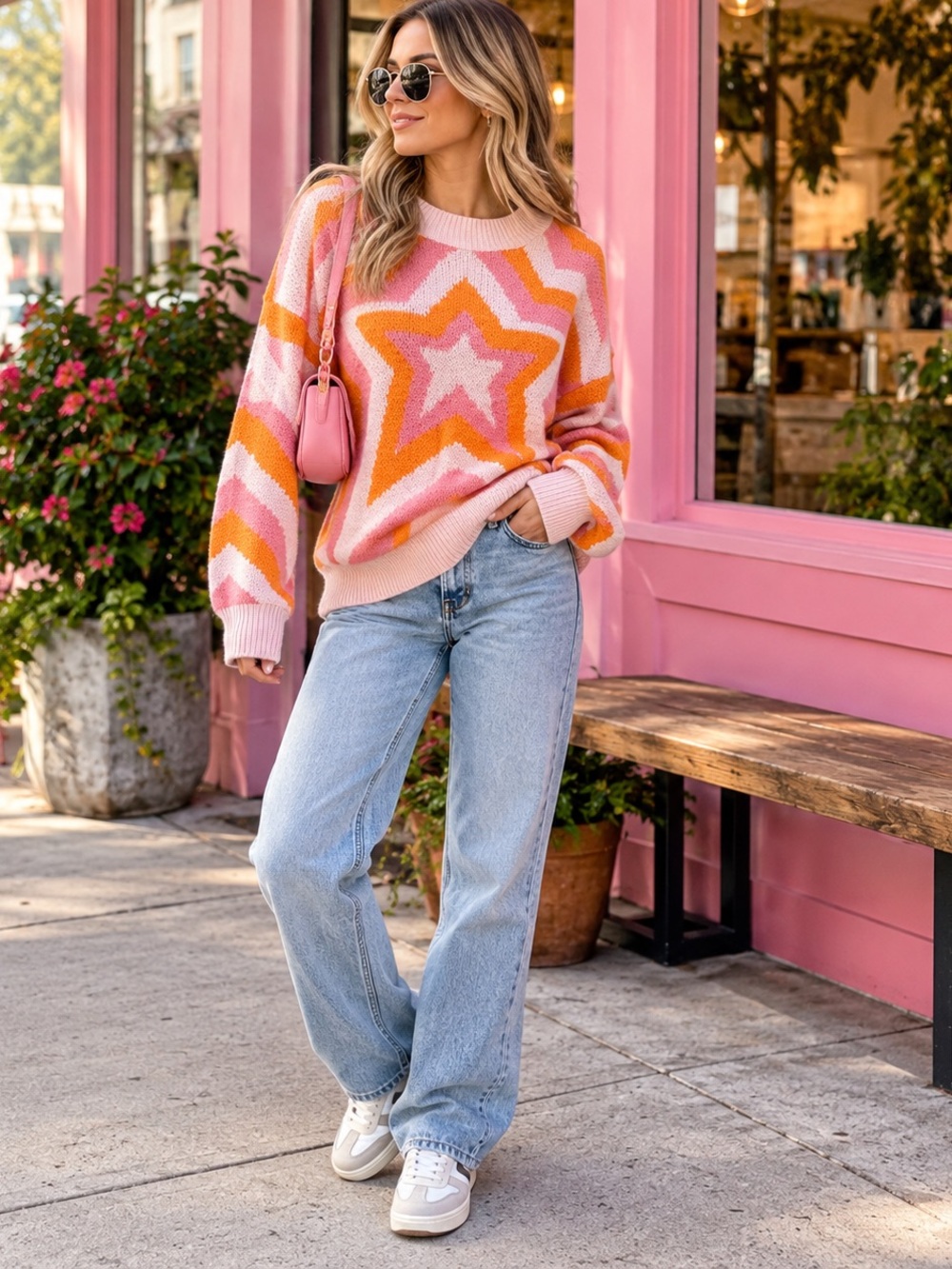 Miss Sparkling XL Pink Orange Star Oversized Knit Sweater Y2K Retro